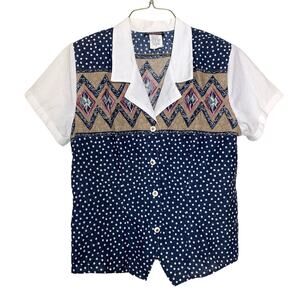 VTG Cabrias southwest pattern polka dot faux vest short sleeve blouse Size LARGE
